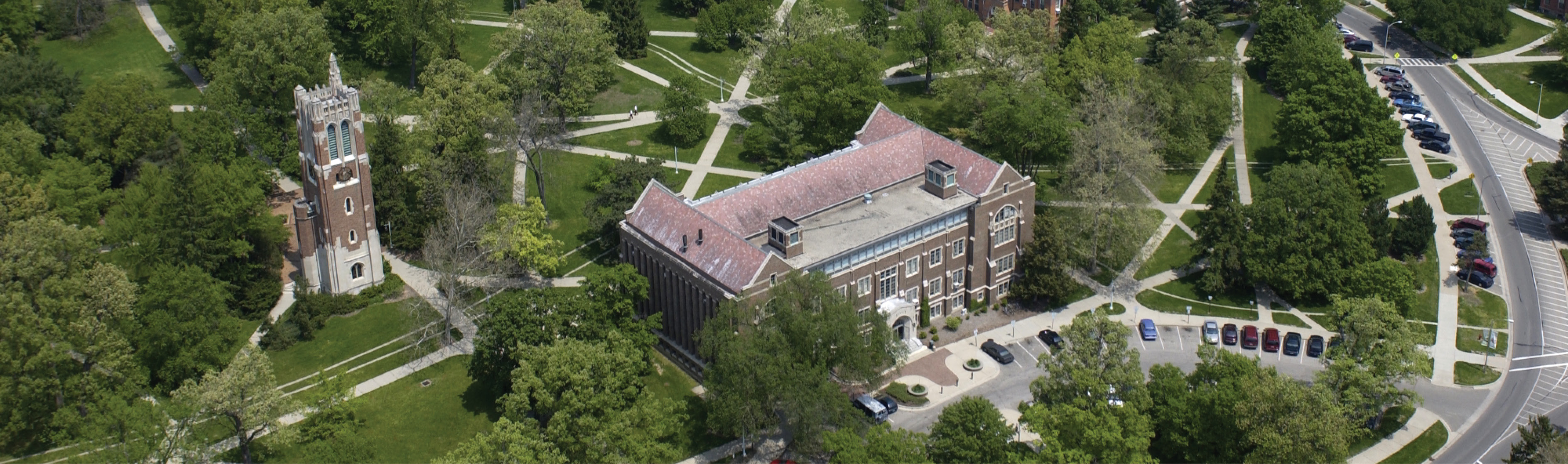 aerial view of campus with Beaumont Tower in the forefront.
