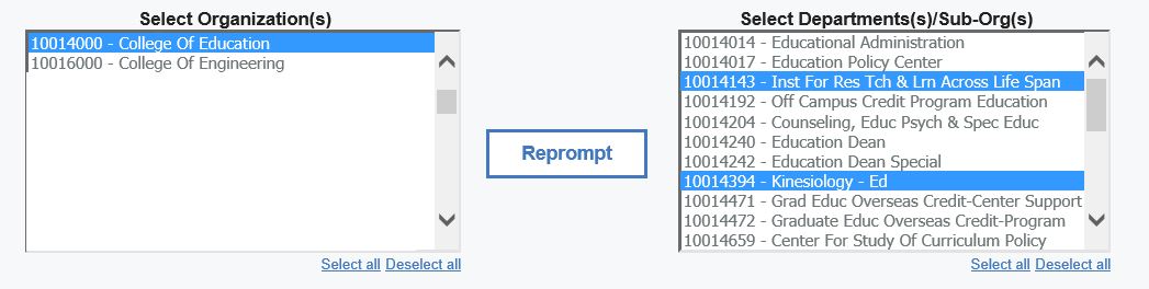 screenshot of Select organization or departments prompt