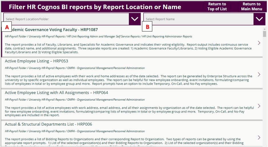 Report Catalog Filter page