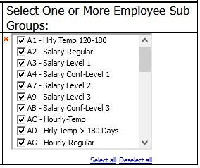 screenshot of Select Employee Sub Group Prompt