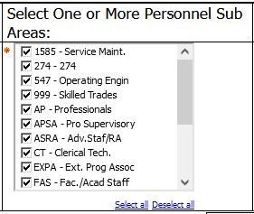screenshot of Select Personnel Sub Area Prompt