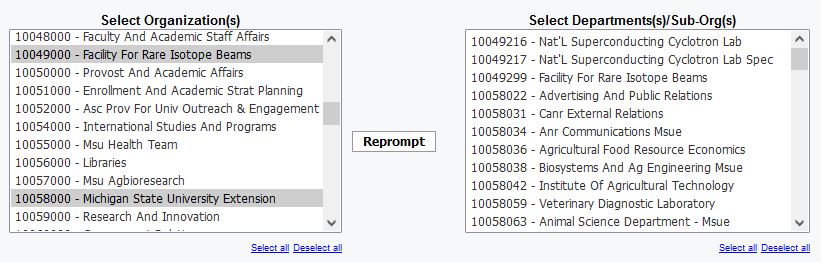 screenshot of select Dept Prompt