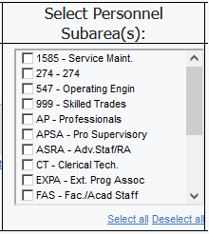 screenshot of select Personnel Subarea prompt