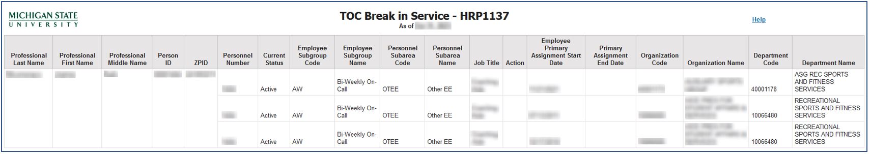 TOC Break in Service Report