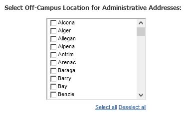 screenshot of select Off-Campus Location for Administrative Addresses Prompt