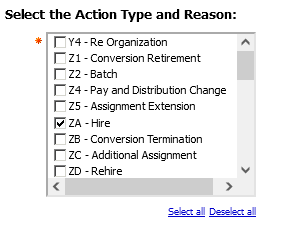 screenshot of select Action Type and Reason Prompt