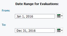 screenshot of Select Date Range for Evaluations prompt