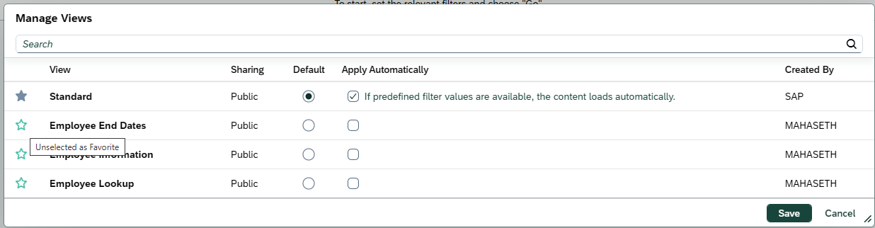 Screenshot of Favorites options