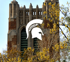 Photo of Beaumont Tower with the Spartan helmet on it.