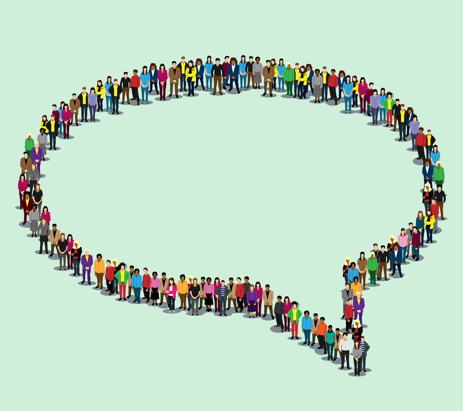 Illustration of many people standing together to make a word bubble