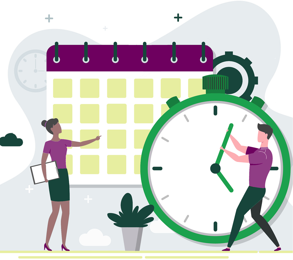 Graphic with two people looking at a calendar