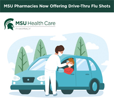 Graphic of a person getting a flu shot in their car