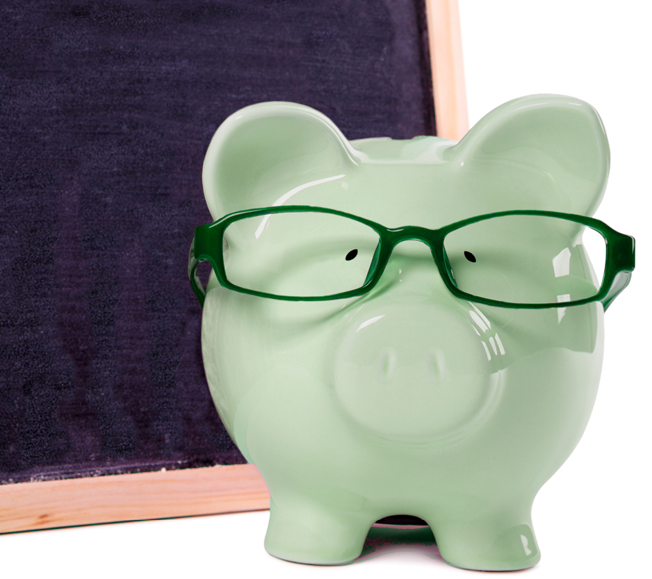photo of a green piggy bank wearing glasses.