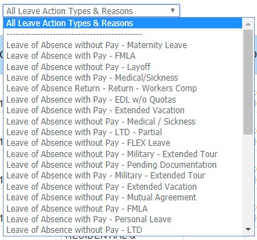screenshot of all leave action types and reasons