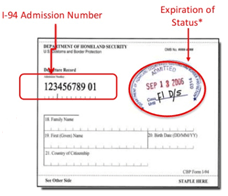 I-94 Admission number and expiration info 