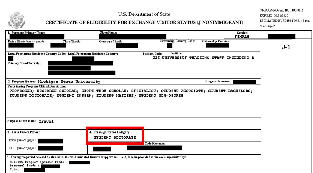 DS-2109 with Box 4 "Exchange visitor category" outlined in red