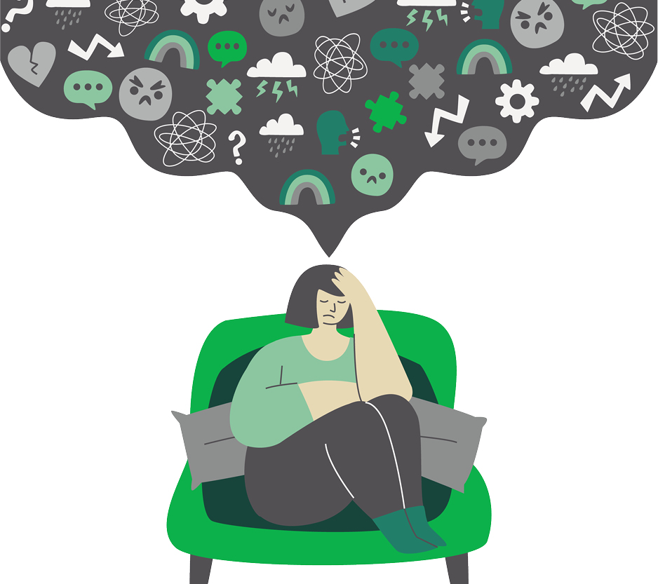 graphic of a woman sitting on a chair with a thought bubble full of graphics that represent stressful emotions.