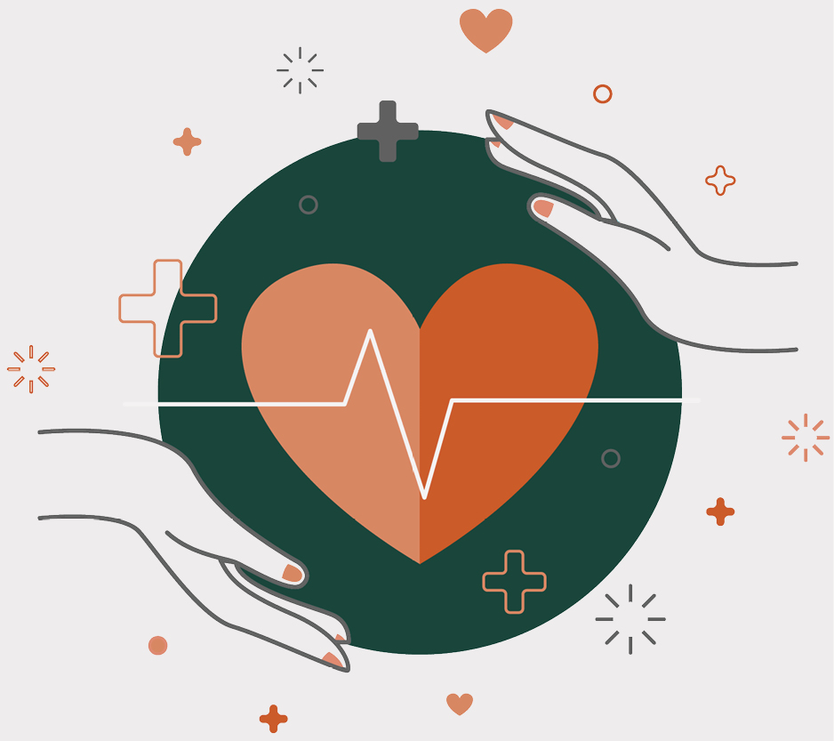 graphic of a heart and health care related icon images.