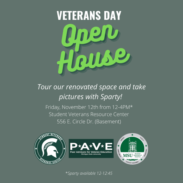Graphic with information regarding 2021 MSU Veterans Day Open House. Information is also included in text format below image.